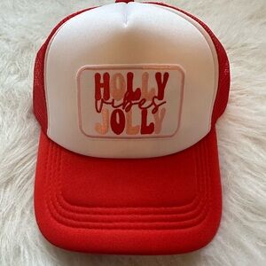 Holly Jolly Vibes; Holiday Hat, Christmas, Adjustable Trucker Baseball Cap